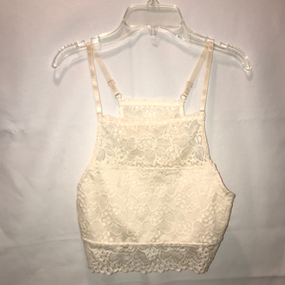 Creme halter top with crochet detailing